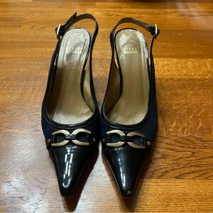 Stuart Weitzman Black Crepe w/Patent Black Cap Slingback Pumps sz 8